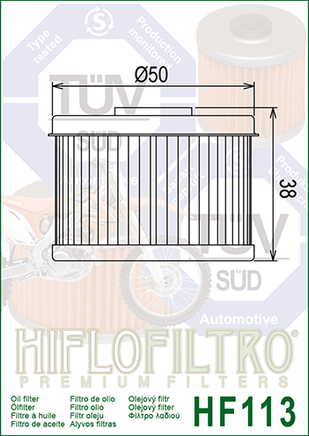 A HF113 Premium Hiflo Filtro oil filter for sale. This filter fits most Honda ATV's. Our online catalog has more new and used parts that will fit your unit!