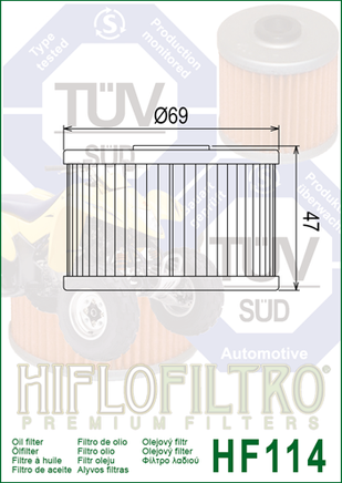 A HF114 Premium Hiflo Filtro oil filter for sale. This filter fits a variety of Honda ATV's. Our online catalog has more new and used parts that will fit your unit!